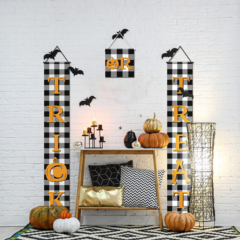 Halloween Banner Trick or Treat Banners Halloween Check Plaid Banners Porch Signs Garden Flags Rustic Halloween Decor for Outdoor Indoor Home Farmhouse Classroom Door Window Wall (Black and White)