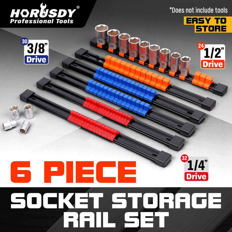HORUSDY 6-Piece Socket Organizer Set, Sockets Holder Rack Rail Mountable 86 Sliding Clips, Premium Quality Socket Holders Workshop Organiser