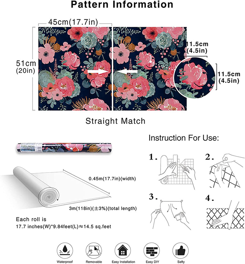 Haokhome 93005-1 Peel and Stick Modern Floral Wallpaper 0.45M X 3M Pink/Green/Navy Blue/Orange Vinyl Self Adhesive Prepasted Contact Paper Decorative