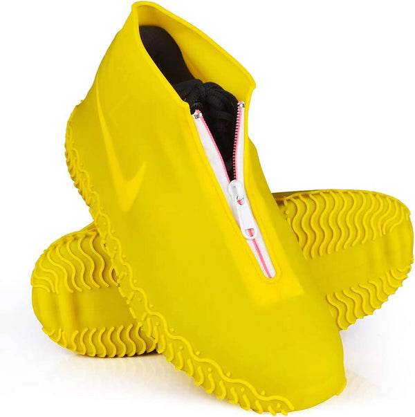 Shiwely Waterproof Shoe Covers, Silicone Reusable Shoe Cover Non-Slip Durable Zipper Elastic Rain Cover Protection for Men Women (L (Women 8-12, Men 7-11), Yellow)
