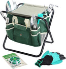 Garden Tools Set 11 Piece Gardening Tools Kit with Folding Stool for Women & Men, Garden Tools Set with 6 Hand Tools, Garden Storage Tote, Watering Pot,Garden Gloves and Garden Twist Tie