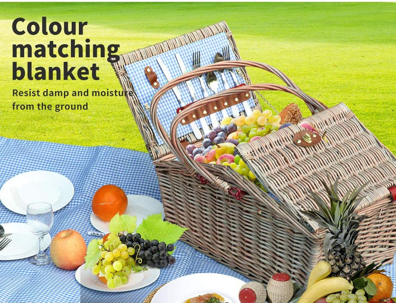 4 Person Picnic Basket Baskets Set Outdoor Blanket Willow Deluxe Folding Handle
