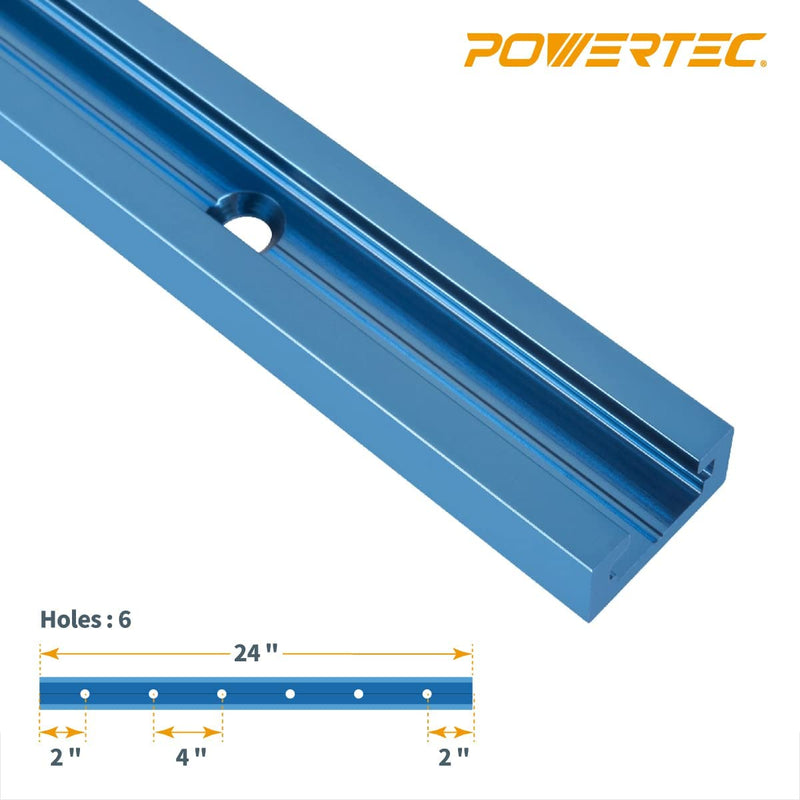POWERTEC 71118 Double-Cut Profile Universal T-Track with Predrilled Mounting Holes(2-Pack), 24" Anodized Blue