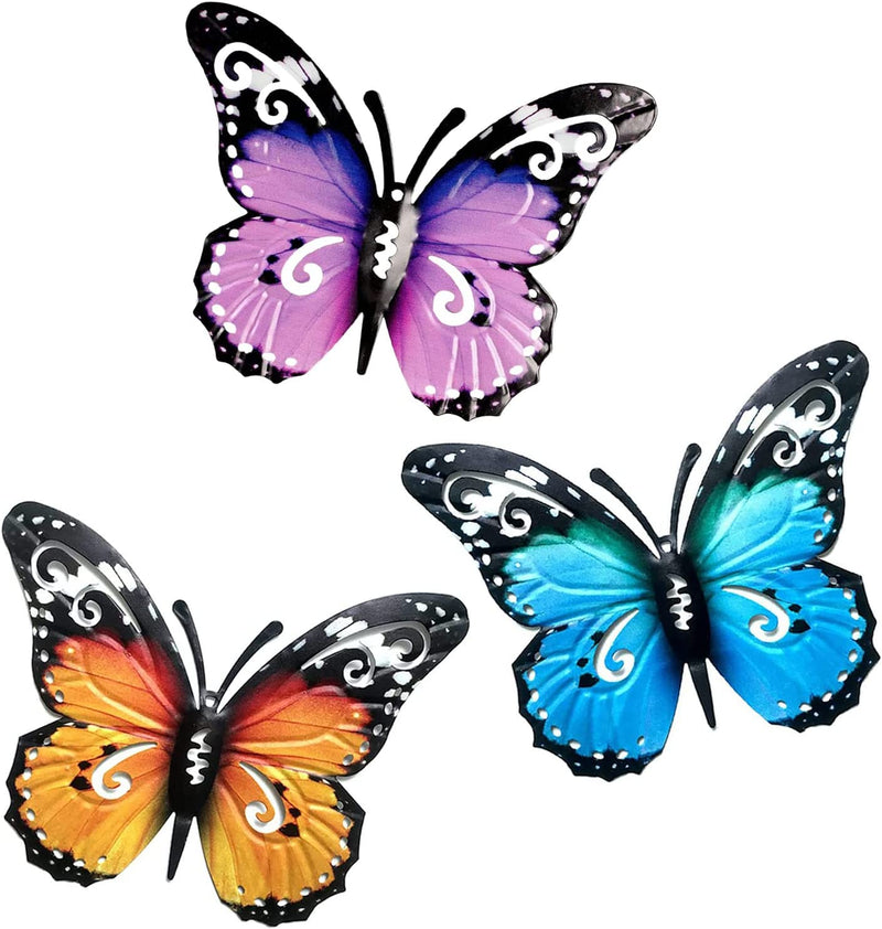 Garden Butterfly Ornaments Large Metal Garden Fence Decorations Butterfly Wall Art Decorations Outdoor Decor for Home Yard, Fence, Garden,Sheds Hanging (Blue + Yellow+Purple)
