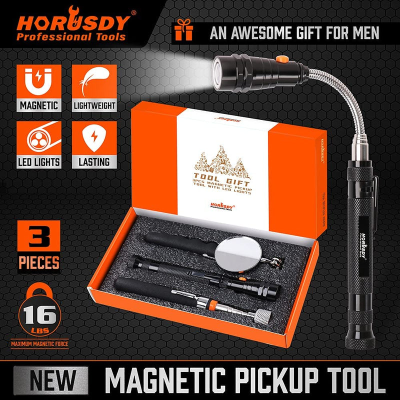 HORUSDY 3Pc Magnetic Pick up Tool Set, Swivel Inspection Mirror, Flexible LED Flashlight, Telescoping Magnet, Man