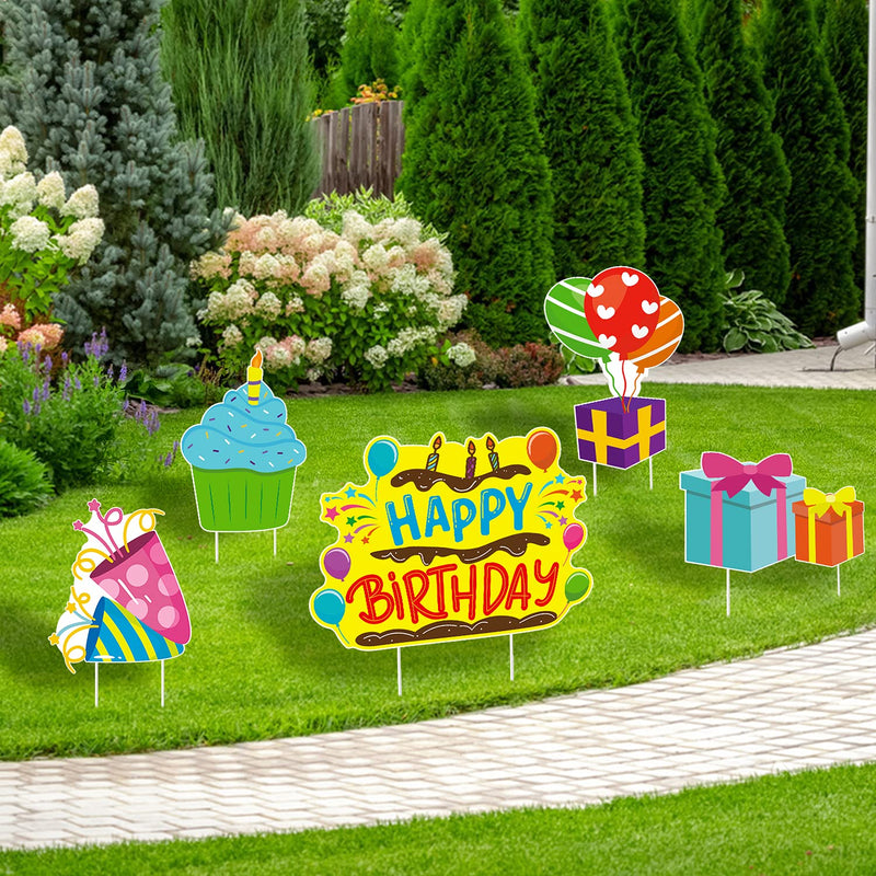 WATINC Set of 5 Happy Birthday Yard Signs with Plastic Stakes Birthday Cake Cupcake Balloon Gift Box Waterproof Lawn Sign Large Single Sided Outdoor for Colorful Birthday Party Decorations