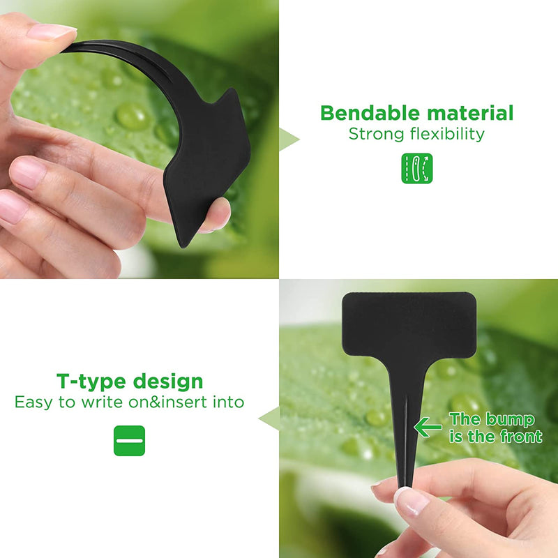 100 Pieces Plastic Plant T-Type Tags, Geeric Plant Labels Nursery Garden Labels for Outdoor Re-Usable Vegetable Gardening Tags with Mark Pen Black