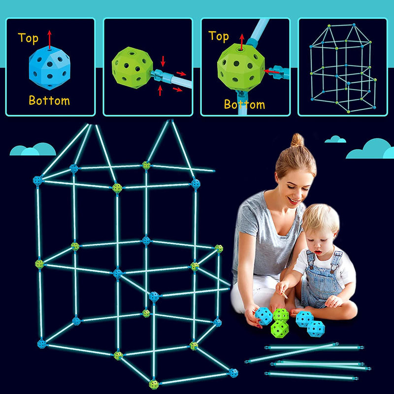 PLAYVIBE 130 PCS Glow in The Dark Kids Fort Building Kit - Fort Builder |  Fort Kit | Crazy Kids Fort Building Set | Build A Fort | Air Fort 