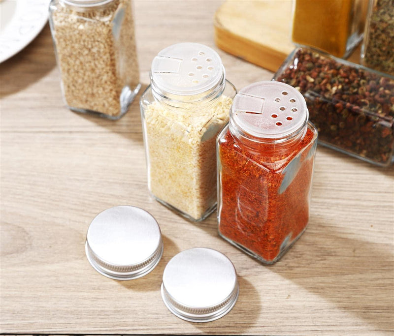 24 Pcs Glass Spice Jars with Spice & Pantry labels - 4oz Empty Square Spice  Containers Bottles Shaker Lids and Airtight Metal Caps - Measuring Spoons  Set and Silicone Funnel Included