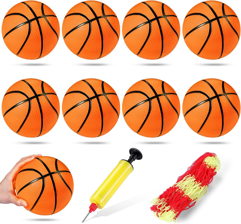 9 Pieces Toy Basketball Set Inflatable 6 Inch Miniature Basketball with 1 Pump and 1 White Red Basketball Storage Bag PVC Outdoor Indoor Mini Basketball Ball Net Storage for Party Favor (Orange)