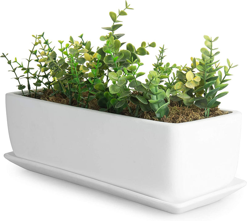 Mygift 14 Inch Modern Ceramic Indoor Plant Pot with Drainage Hole, Rectangular Succulent Planter Window Box with Removable Saucer, White