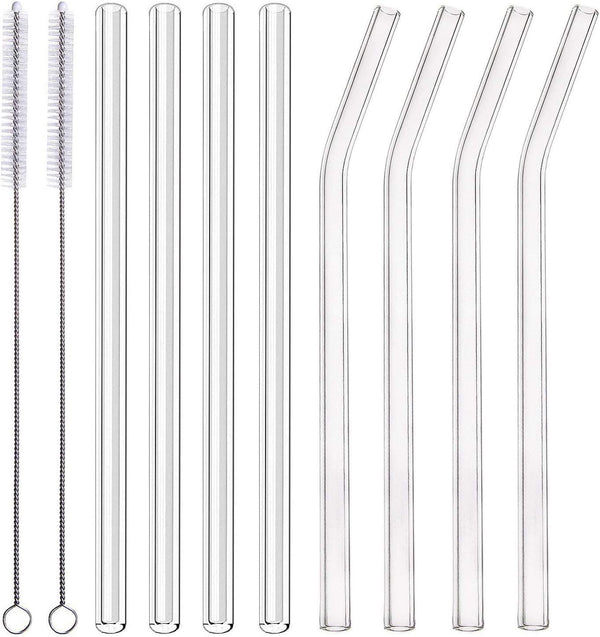 ALINK Glass Smoothie Straws, 10 Inches x 10 mm Long Reusable Clear Drinking Straws for Smoothie, Milkshakes, Pack of 8 with 2 Cleaning Brush
