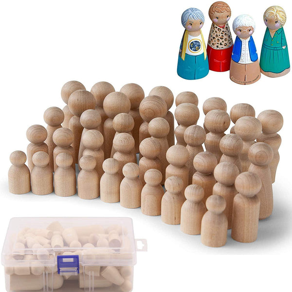 ALINK Natural Unfinished Wooden Peg Doll Bodies, Quality People Shapes, Great for Arts and Crafts,Artist Set of 40 in 5 Different Shapes and Sizes with Storage Case