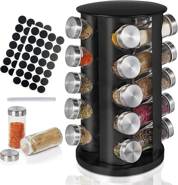 ALINK Rotating Spice Rack Organizer with Jars(20Pcs), Revolving Spice Carousel Seasoning Organizer for Cabinet, Kitchen Spice Racks for Countertop, Revolving Farmhouse Spice Organizer-Black