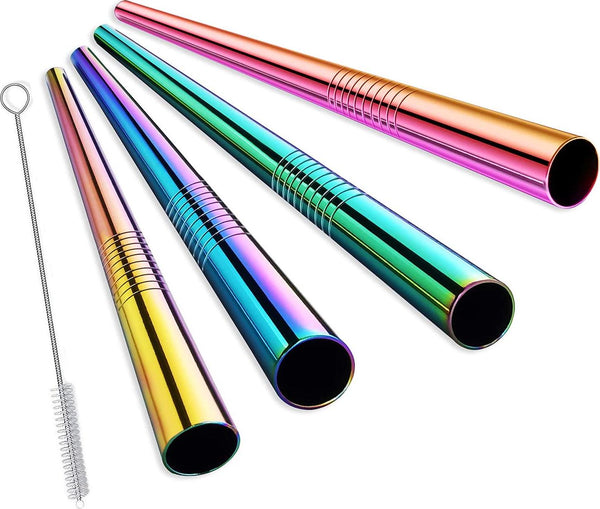 ALINK Stainless Steel Drinking Straws, Extra Wide Long Reusable Fat Boba Metal Smoothie Straws Jumbo, 12 mm X 9 in Set of 4 with Cleaning Brush and Straw Carrying Case Rainbow Color