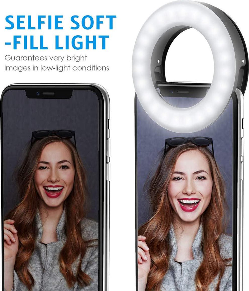 AMIR (2021 Upgraded New Version) Selfie Ring Light, 3 Lighting Modes Rechargeable Clip on Fill Light, Adjustable Brightness Phone Camera Circle Light for iPhone X Xr XsMax 11 Pro Android iPad(Black)