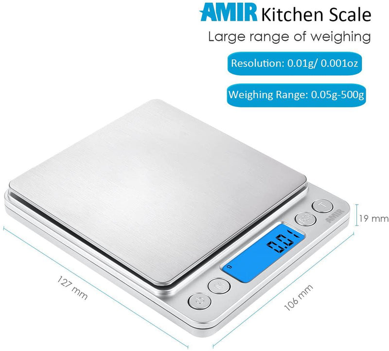 AMIR Digital Kitchen Scale 500g/ 0.01g Pro Cooking Scale with Back-Lit LCD Display Accuracy Pocket Food Scale 6 Units Auto Off (Silver)