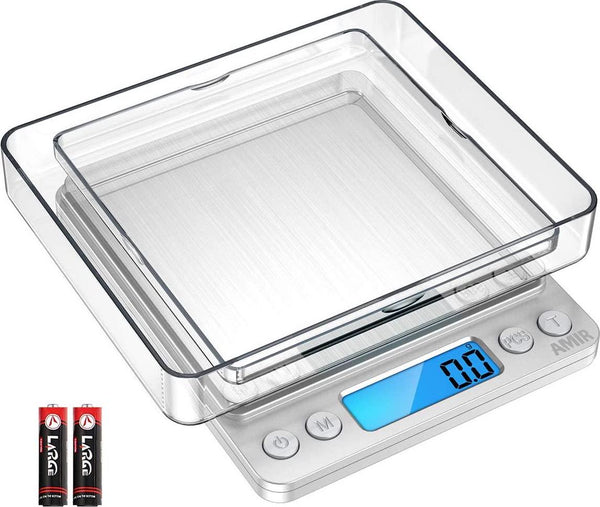 AMIR Digital Kitchen Scale 3000g 0.01oz/ 0.1g Pocket Cooking Scale Mini Food Scale Pro Electronic Jewelry Scale with Back-Lit LCD Display Tare and PCS Functions Stainless Steel Batteries Included