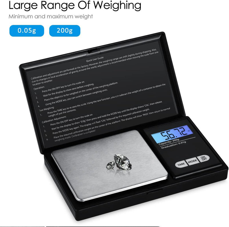 AMIR Digital Mini Scale, 200g 0.01g/0.001oz Pocket Jewelry Scale, Electronic Smart Scale with 7 Units, LCD Backlit Display, Tare Function, Auto Off, Stainless Steel and Slim Design (Battery Included)