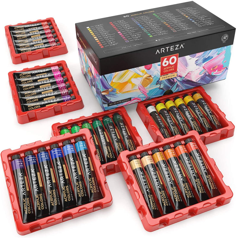 ARTEZA Acrylic Paint, Set of 60 Colors/Tubes (22 Ml, 0.74 Oz.) Art Supplies Paint Set, Rich Pigments, Non Fading, Non Toxic Paints for Artist, Hobby Painters and Kids, Ideal for Canvas Painting