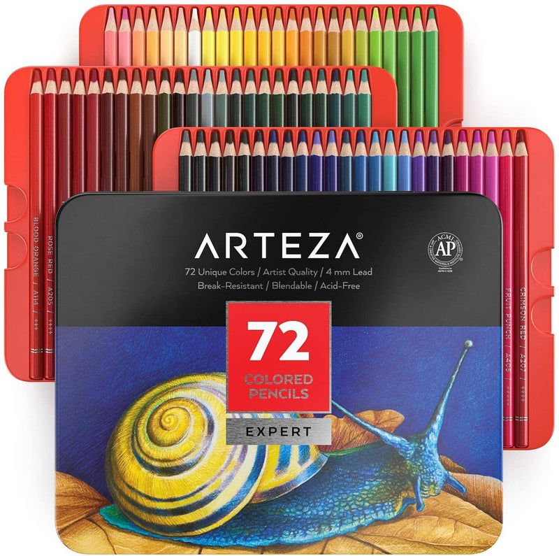 ARTEZA Colored Pencils, Professional Set of 72 Colors, Soft Wax-Based Cores, Ideal for Drawing Art, Sketching, Shading and Coloring, Vibrant Artist Pencils for Beginners and Pro Artists in Tin Box