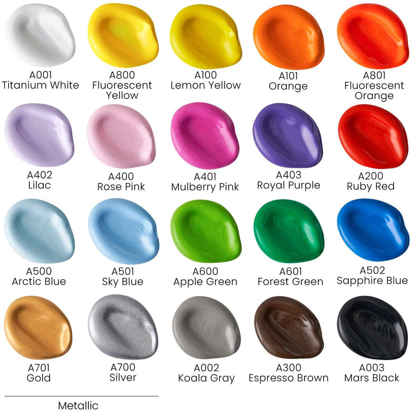 ARTEZA Craft Acrylic Paint, Set of 20 Colors, 60 Ml Bottles, Water-Based, Matte Finish, Blendable Paints for Art and DIY Projects On Glass, Wood, Ceramics, Fabrics, Paper and Canvas