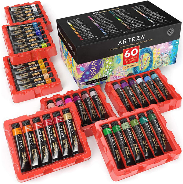 ARTEZA Gouache Paint, Set of 60 Colors/Tubes (12 Ml/0.4 Us Fl Oz) Opaque Paints, Ideal for Canvas Painting, Watercolor Paper, Toned Paper, Or Using with Watercolors and Mixed Media