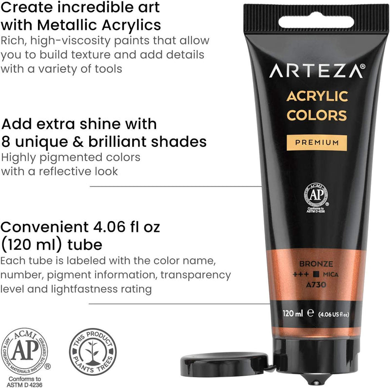 ARTEZA Metallic Acrylic Paint, Set of 8 Metallic Colors in 4.06Oz Tubes, Rich Pigments, Non Fading, Non Toxic Paints for Artists, Hobby Painters and Kids, Ideal for Canvas Painting and Crafts