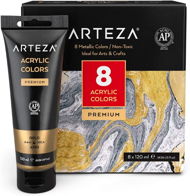 ARTEZA Metallic Acrylic Paint, Set of 8 Metallic Colors in 4.06Oz Tubes, Rich Pigments, Non Fading, Non Toxic Paints for Artists, Hobby Painters and Kids, Ideal for Canvas Painting and Crafts