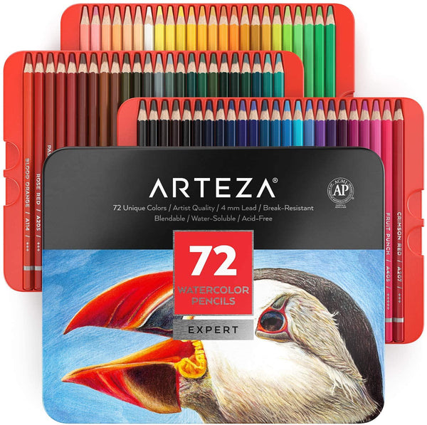 ARTEZA Professional Watercolor Pencils, Set of 72, Multi Colored Art Drawing Pencils in Bright Assorted Shades, Ideal for Coloring, Blending and Layering, Watercolor Techniques
