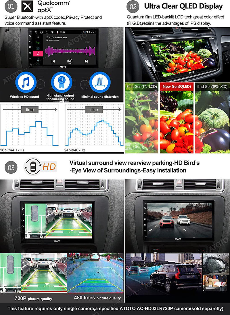 ATOTO S8 Premium 7inch Double-DIN Android Car Stereo, Wireless CarPlay and Android Auto, Dual Bluetooth w/aptX HD, QLED Display,Split Screen, HD Rearview with LRV, USB tethering,SCVC and More, S8G2B74PM