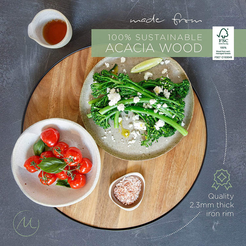 Acacia Wood Lazy Susan Turntable - 14 Diameter - 100% Grapeseed Oil Finish - Wooden Lazy Susans with Iron Rim | Wooden Lazy Susan Kitchen Turntable | Lazy Suzanne Turntable for Tabletop or Spice