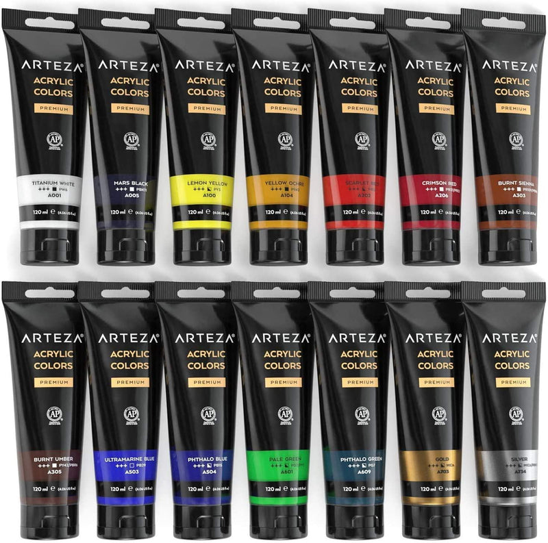 Acrylic Paint, Arteza Set 14 Colors, 120 ml, 4.06 oz. Tubes with Storage Box, Rich Pigments, Non-Fading, Nontoxic, Art Supplies for Artists and Hobby Painters