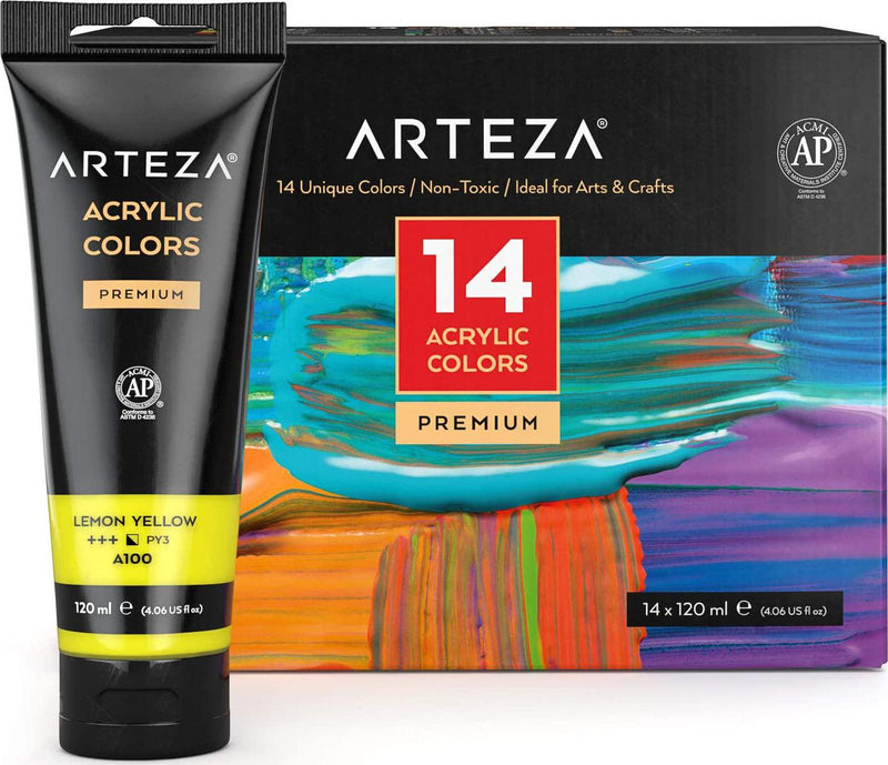 Acrylic Paint, Arteza Set 14 Colors, 120 ml, 4.06 oz. Tubes with Storage Box, Rich Pigments, Non-Fading, Nontoxic, Art Supplies for Artists and Hobby Painters