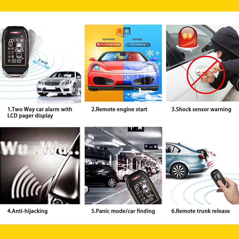 Acteam 2 Way Car Security with Remote Start Car Alarm System with Big LCD Display Remote Starter Turbo Timer Mode Shock Warning 1500M Long Remote Range DC12V
