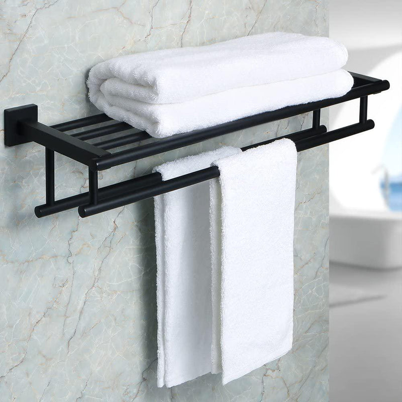 Alise GZ8000-B Bathroom Lavatory Towel Rack Towel Shelf with Two Towel Bars  Wall Mount HolderSUS 304 Stainless Steel Matte Black