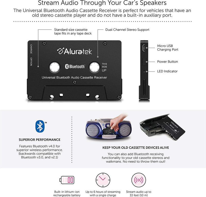 Aluratek Universal Bluetooth Audio Cassette Receiver, Built-in Recharg