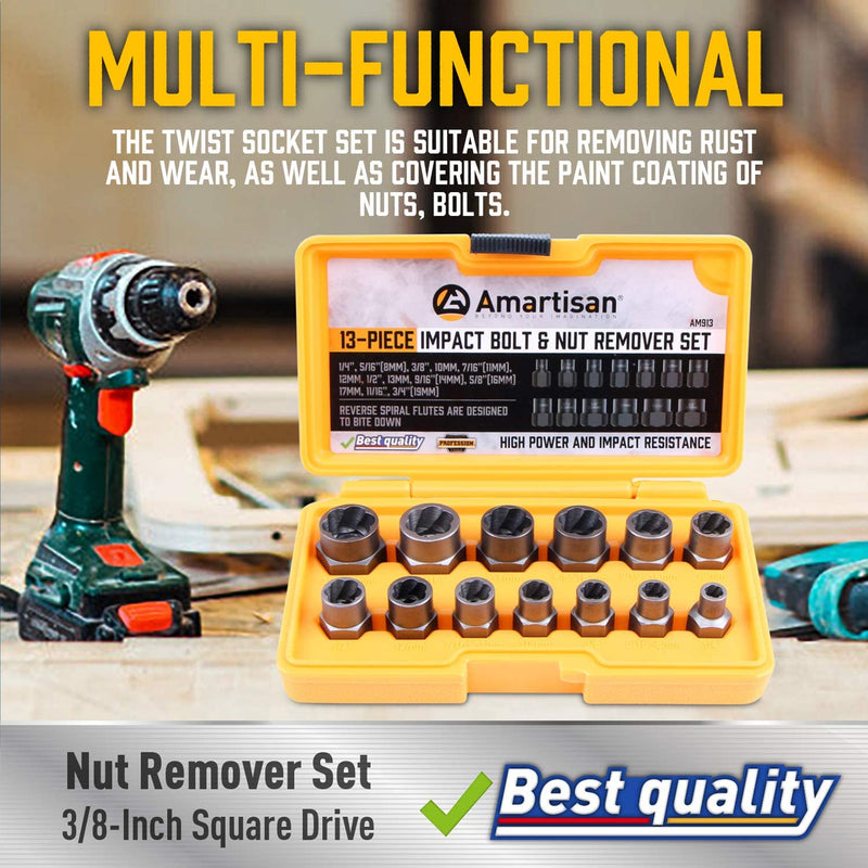 Amartisan Impact Bolt Extractor Tool, 13PC Bolt Nut Removal Extractor Socket Tool Set