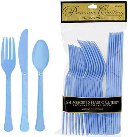 Amscan Premium Heavy Weight Plastic Assorted Cutlery 24 Pack, Pastel Blue