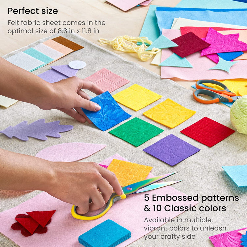 Arteza Embossed Felt Fabric Sheets, Set of 50, 8.3 x 11.8 inches, 10 Colors, 5 Patterns, Stiff Felt Squares for Creating Toys, Home Decor, Sewing and Craft Projects
