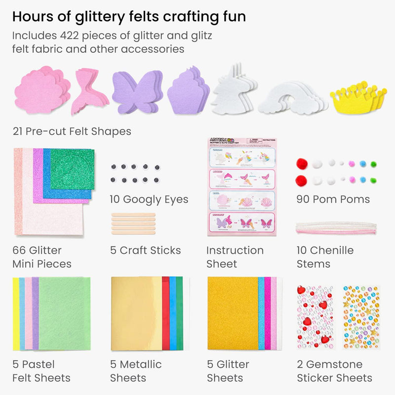 Arteza Kids Felt Kit, 422 Pieces, 21 Pre-Cut Glitter and Glitz Shapes, Assorted Felt Sheets, Glitter Mini-Pieces, Chenille Stems, and Accessories, Educational Kids Craft Supplies to Inspire Creativity