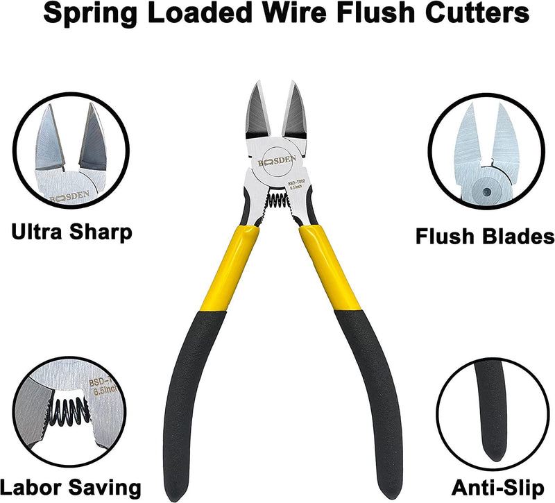 BOOSDEN Wire Cutter,6.5 inch Side Cutters,Spring Loaded Wire Cutters for  Crafting,Flush Cutter,Ultra Sharp for Jewelry Making,Flush Cut Pliers,Dikes