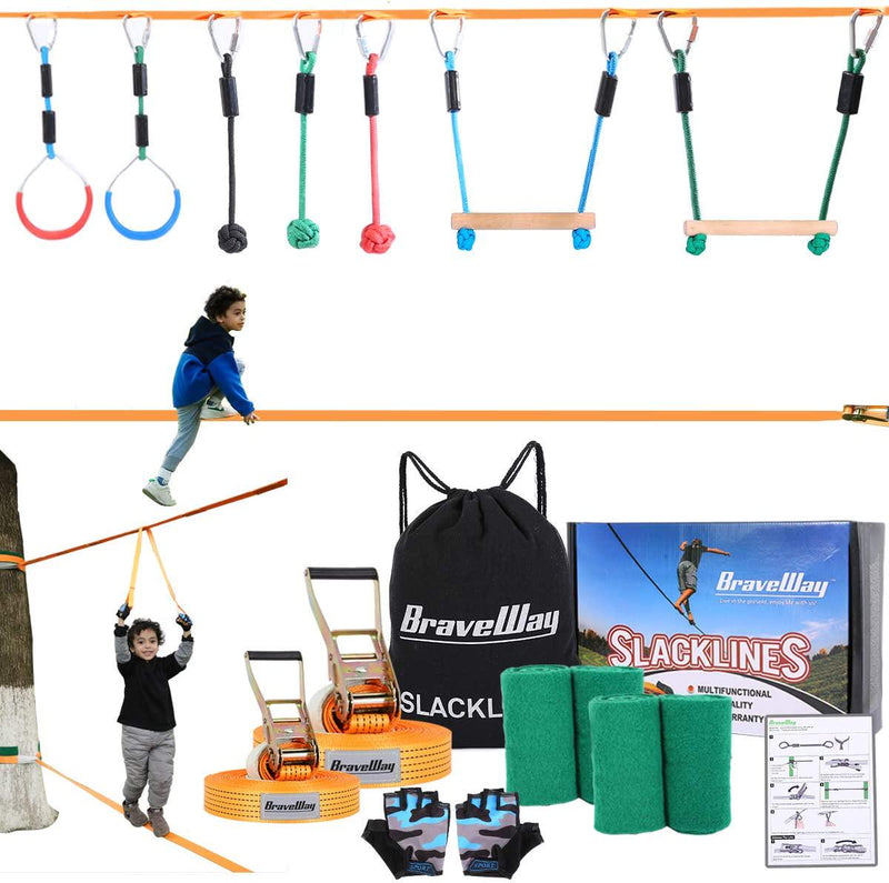 BRAVEWAY Ninja Warrior Obstacle Course for Kids Slackline Kit Ninja Line Monkey Bars Kit with 2 x 40-ft Slacklines Included 8 Accessories