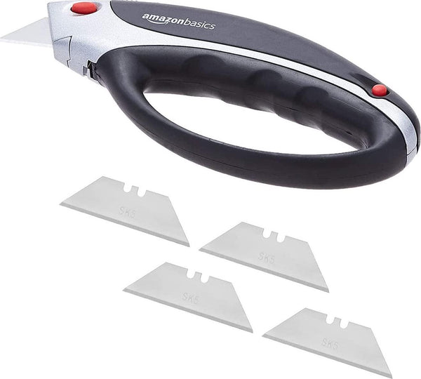 Basics - Heavy Duty Ergonomic Utility Knife - Retractable Multi-Position Locking Blade with 5 Replaceable Sharp Blades