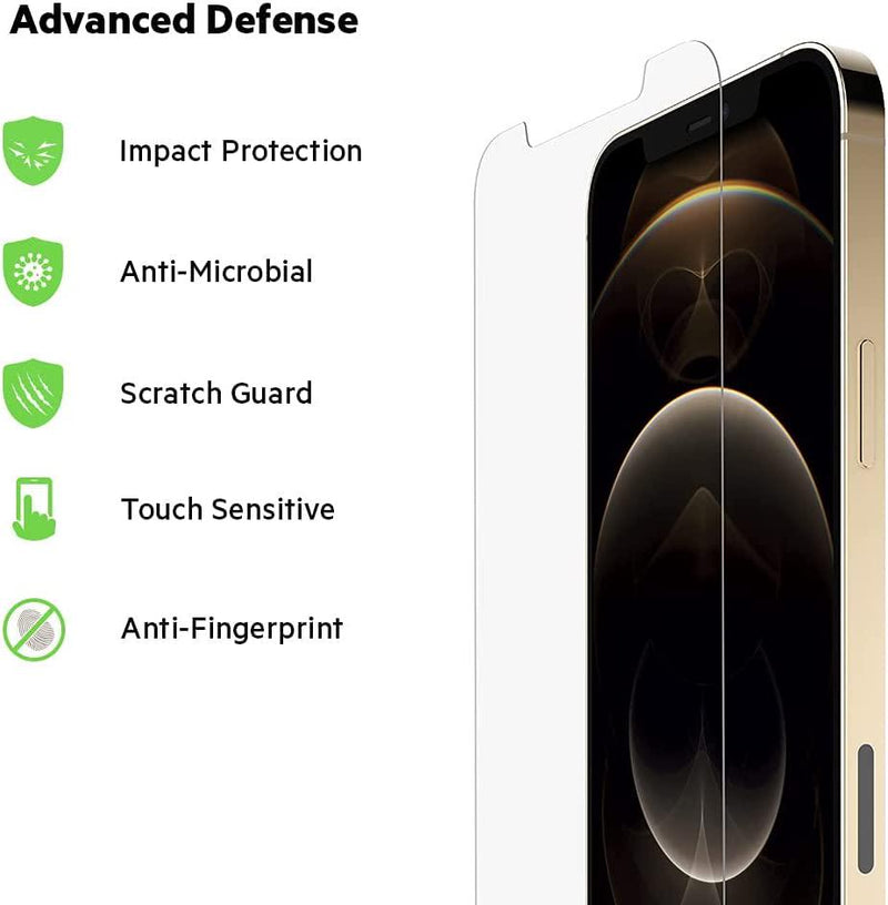 Belkin iPhone 12 Pro Max Screen Protector TemperedGlass Anti-Microbial (Advanced Protection + Reduces Bacteria on Screen up to 99%), clear (OVA023zz)