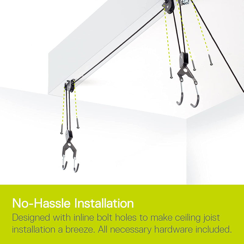 Bike Hoist for Garage with Utility Hooks Lift Storage - Heavy Duty for Space Saving - Road, Commuter and Mountain Bikes, Holds Kayaks and Ladders - No-Hassle Installation for Quick and Easy Access