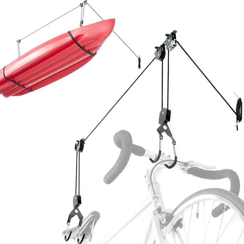 Bike Hoist for Garage with Utility Hooks Lift Storage - Heavy Duty for Space Saving - Road, Commuter and Mountain Bikes, Holds Kayaks and Ladders - No-Hassle Installation for Quick and Easy Access