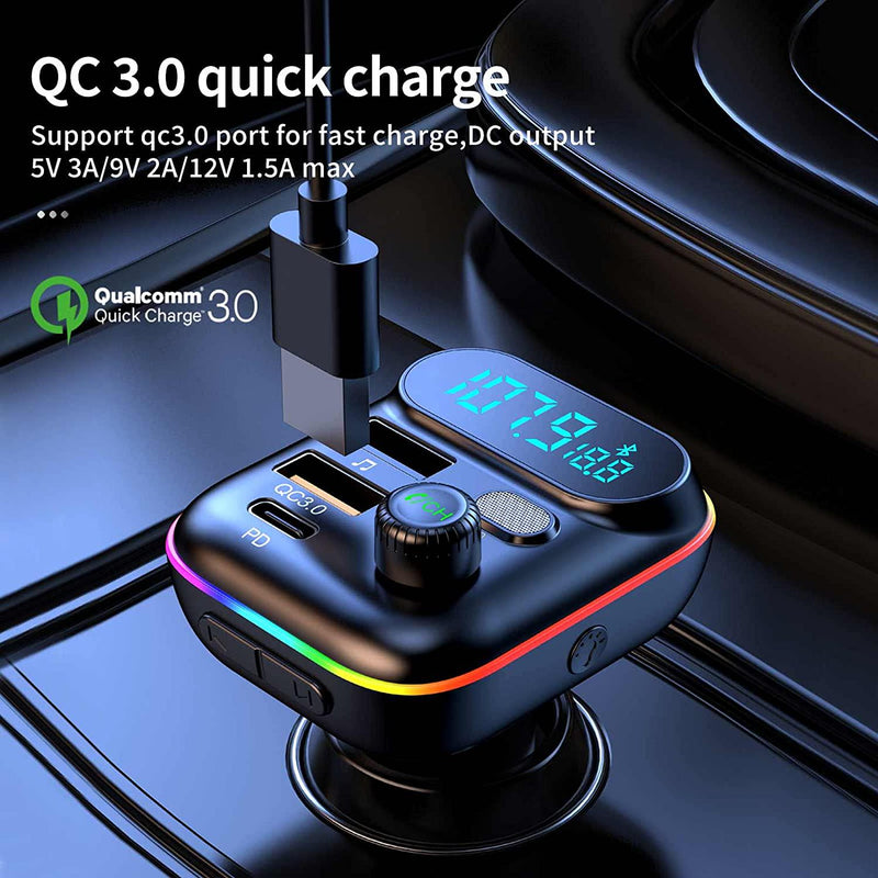 Bluetooth Car Adapter, Wireless Bluetooth 5.0 FM Transmitter for Car, QC  3.0 Fast Car Charger, MP3 Music Player Hand-Free Call 7 Colors LED Backlit