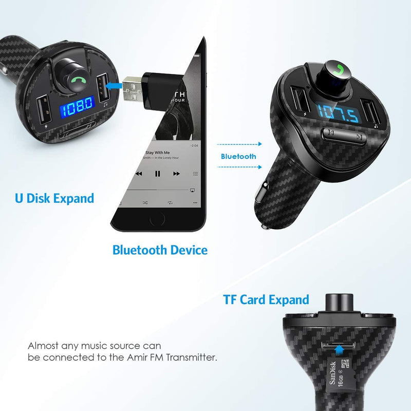 Bluetooth FM Transmitter for Car, Wireless FM Radio Transmitter Adapter Car Kit, Dual USB Charging Ports, Hands Free Calling, U Disk, TF Card MP3 Music Player (Black-3)