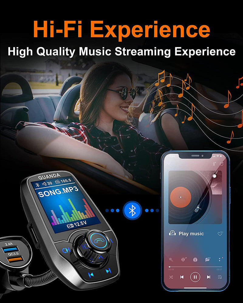 Bluetooth Fm Transmitter, 4 In 1 Mp3 Player Car Adapter Fm Radio Transmitter  Handsfree Kit Qc3.0 Usb Car Charger, With 1.8 Color Screen, Aux Input An
